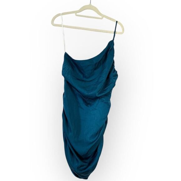 Lulus Mini Dress Women's L Teal Blue Satin One Shoulder Ruched Sleeveless New - Picture 3 of 12